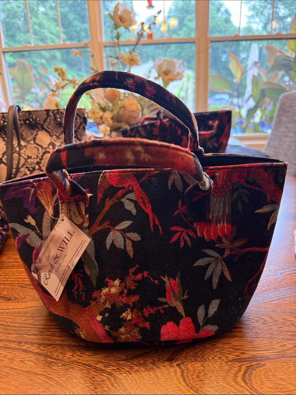 Randi & Will Black Floral Jacquard Tote With Bird Motif